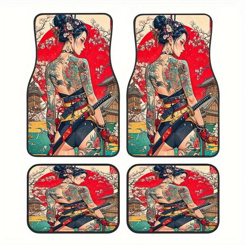 

4Pcs Japanese Geisha & Samurai Cherry Blossom Car Mats, Crystal Velvet, Universal for Sedan Van SUV, Stylish Gift Men & Women