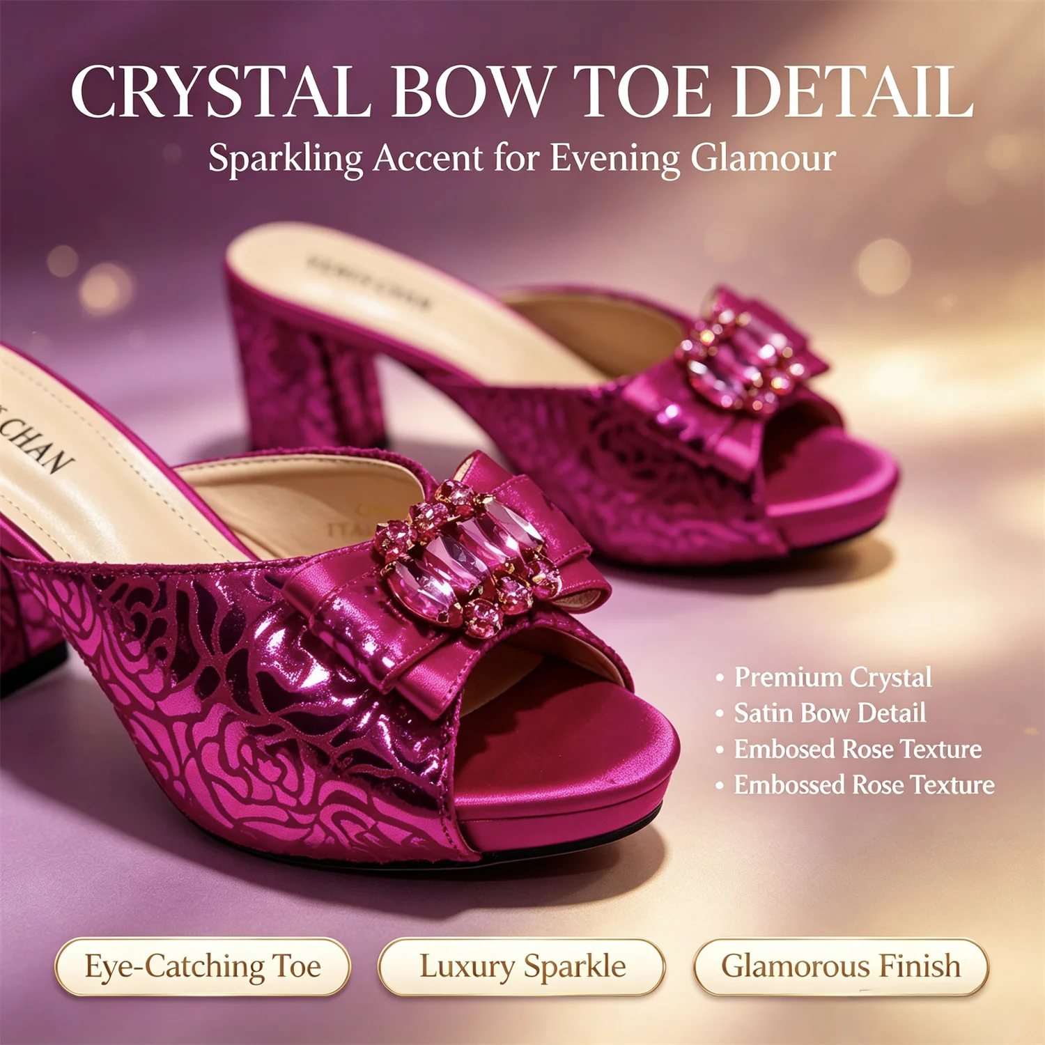 Conjunto de zapatos y bolso de mujer con encaje de satén morado de lujo, tacón de bloque con lazo de pedrería, sandalias abiertas, para bodas, fiestas y eventos nocturnos.