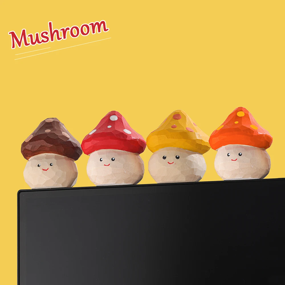 Hand Carved Wooden Mushroom Figurines Natural Wood Mushroom Ornament Decor for Home Office Desk Handicraft Gift