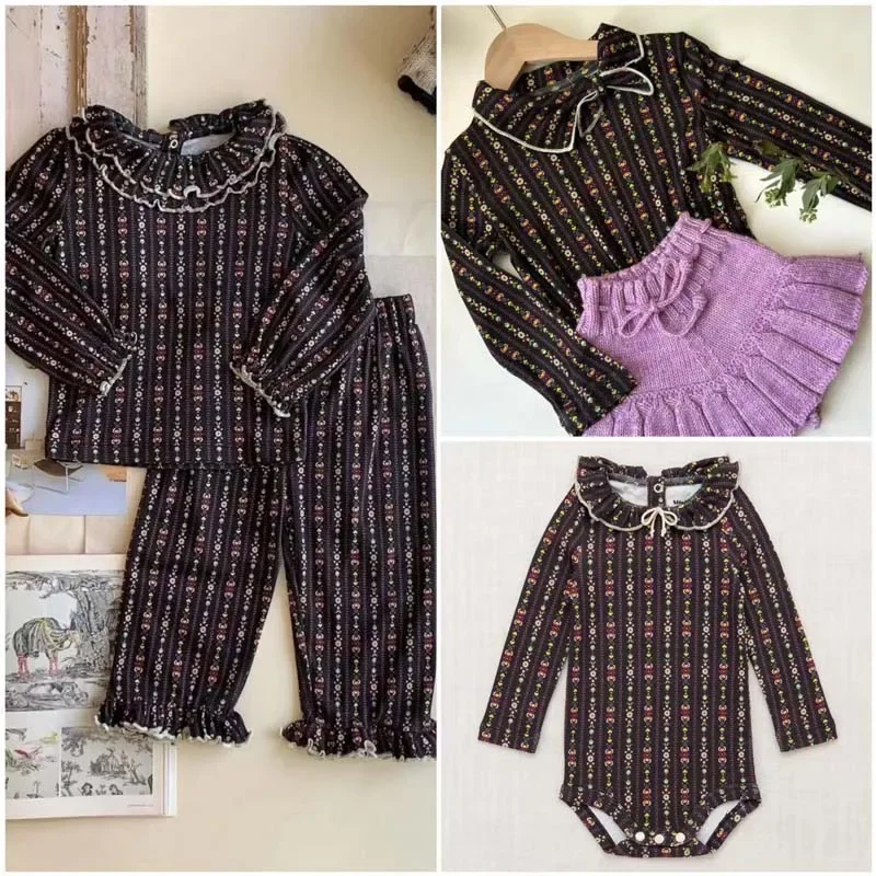 

Предпродажа (отправка марта) 2025 МП ЛЕТОМ Винтажный топ с цветочным принтом и галстуком для девочек Рубашки и юбки Костюм Одежда для маленьких девочек Шерстяные юбки