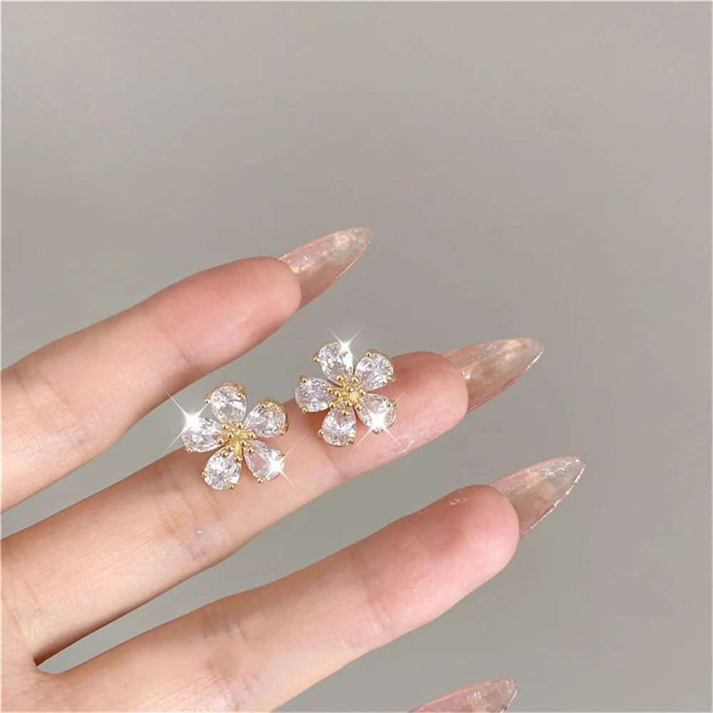 

S925 Silver Needle Flower Zircon Earrings Female Korean Version Sweet Fashion All-Match 2023 New Trend Earrings Jewelry Gift