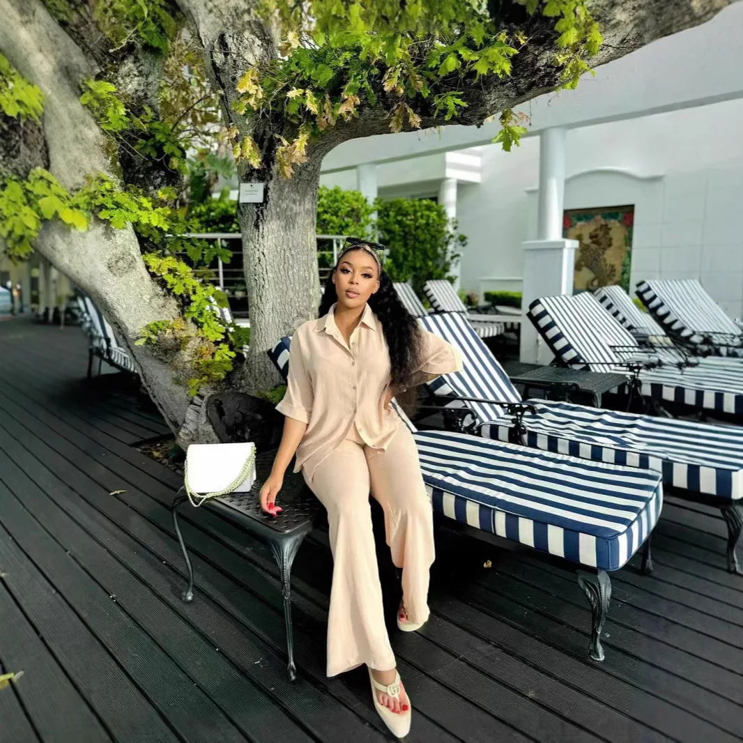 ربيع/صيف 2025 بدلة أنيقة جديدة غير رسمية ومريحة بلون القطن والكتان قميص متوسط الأكمام بنطال مستقيم