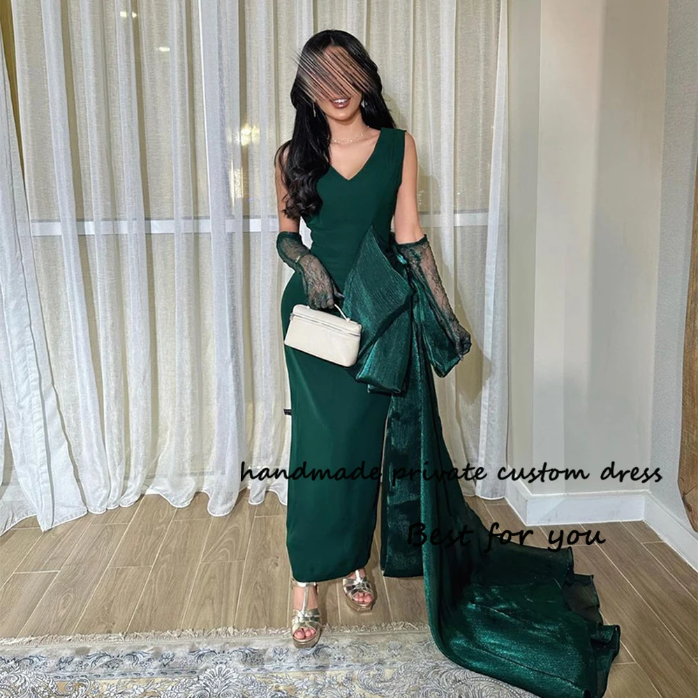 

Green Satin Mermaid Evening Dresses with Train V Neck Arabian Dubai Formal Prom Dress with Sleeve Elegant Occasion Gowns