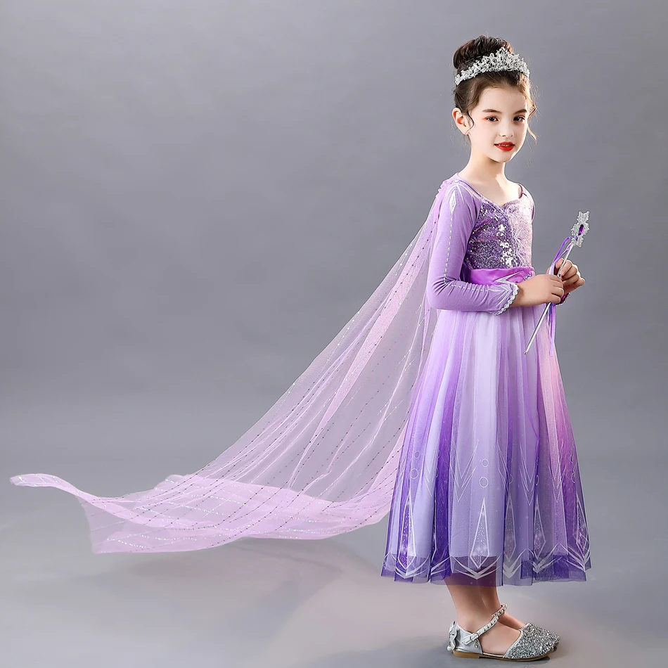 Mädchen Schneekönigin Lila Kleid Pailletten Langarm Farbverlauf Tüll Schleppkleid Kinder Elsa Kostüm für Geburtstag Halloween – Detail 4