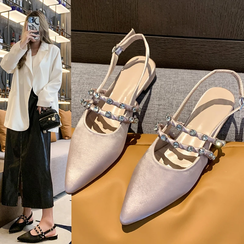 

Сандалии на плоской подошве, Туфли Мэри Джейн с ремешком на застежке, летние туфли на каблуке без острых носков в стиле ретро, женские замкнутые скандалы с кристаллами