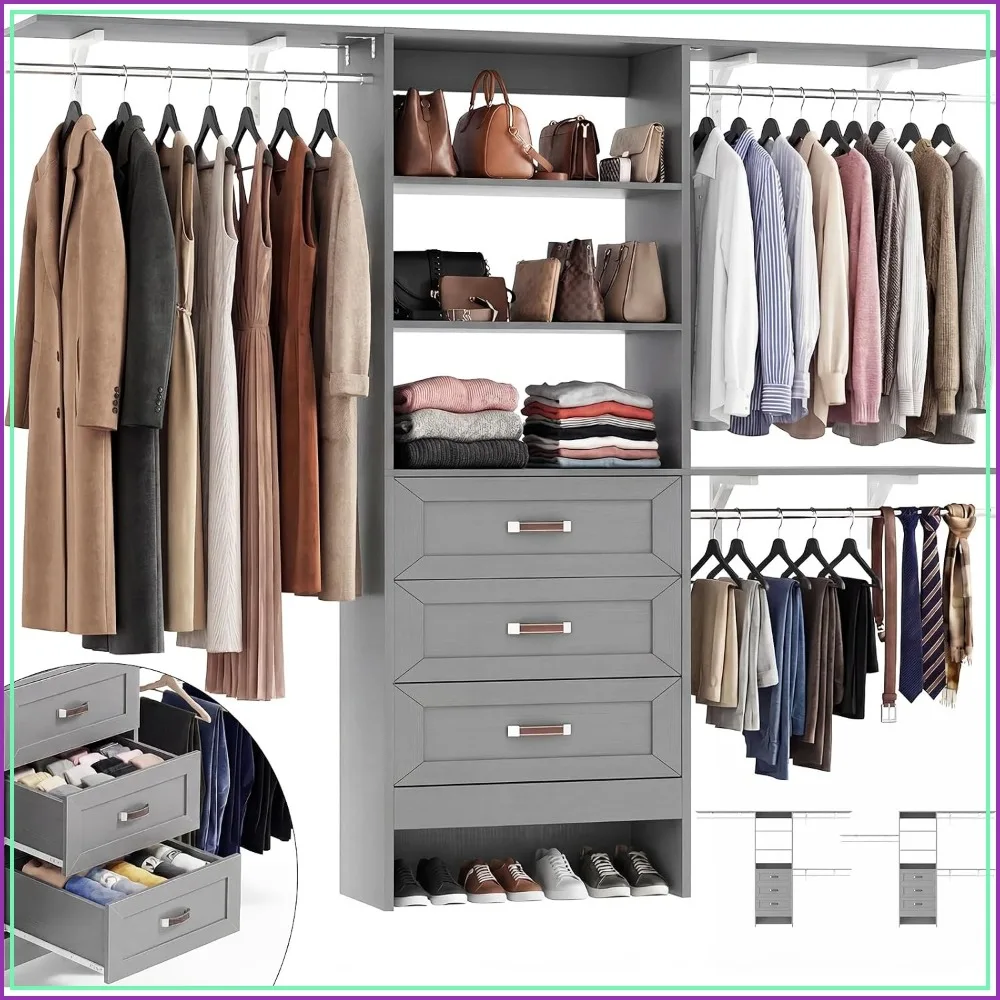 8FT Closet System with 3 Curved Drawers, 96'' Wooden Walk-in Organizer, 3 Shelves, 3 Rods, Grey