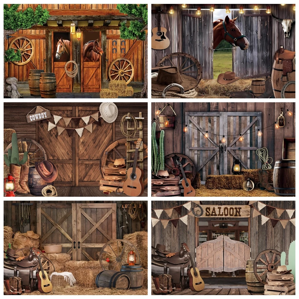 

Western Cowboy Barn Backdrop Wild West Farm Wooden House Kids Baby Portrait Birthday Party Photography Background Photo Studio