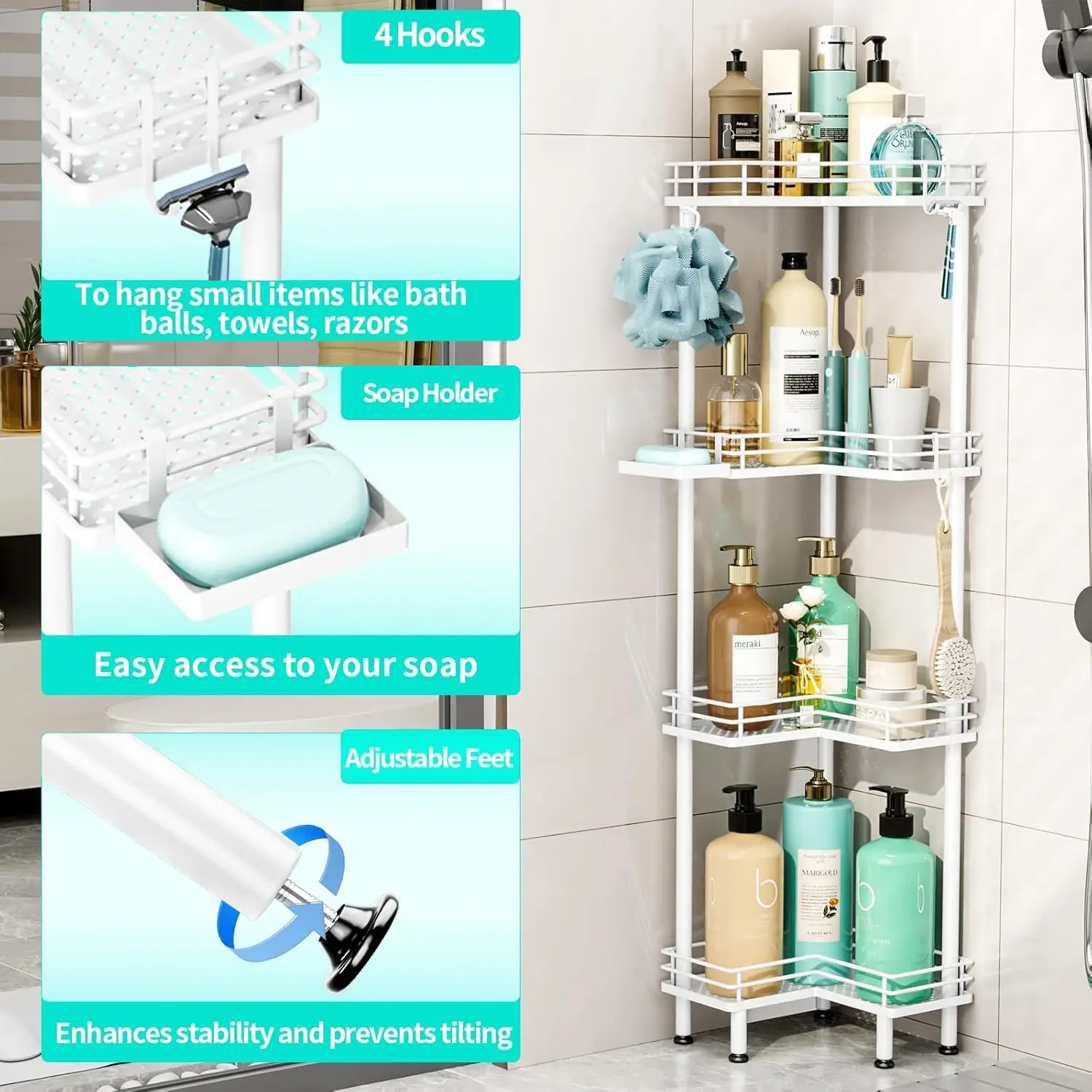 Corner Shower Caddy Organizer - 4 Tier Shower Organizer Corner, Rustproof Shower Shelves with 4 Hooks for Bathroom