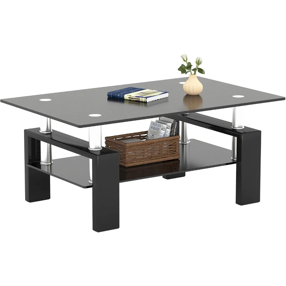 

Rectangle Glass Coffee Table 2-Tier Tea Table Modern Side Coffee Table for Living Room (All Black)