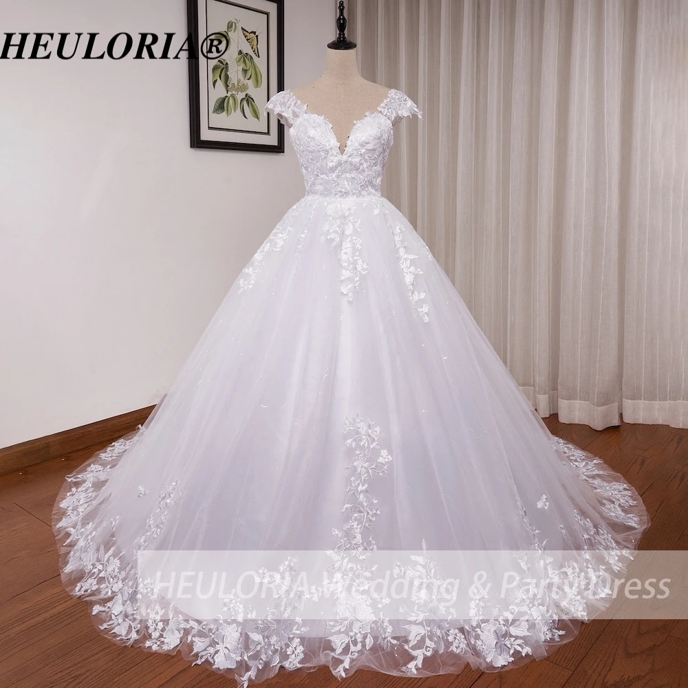 

HEULORIA Elegant lace applique ball gown princess Wedding Dress off shoulder plus size shinny skirt bridal dress robe de mariee