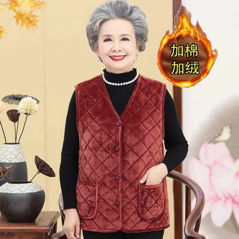 Grandma Golden Velvet Vest Autumn Winter Plush Thickened Warm Sleeveless Jacket Middle-aged Mother Waistcoat Fleece Vests 5XL