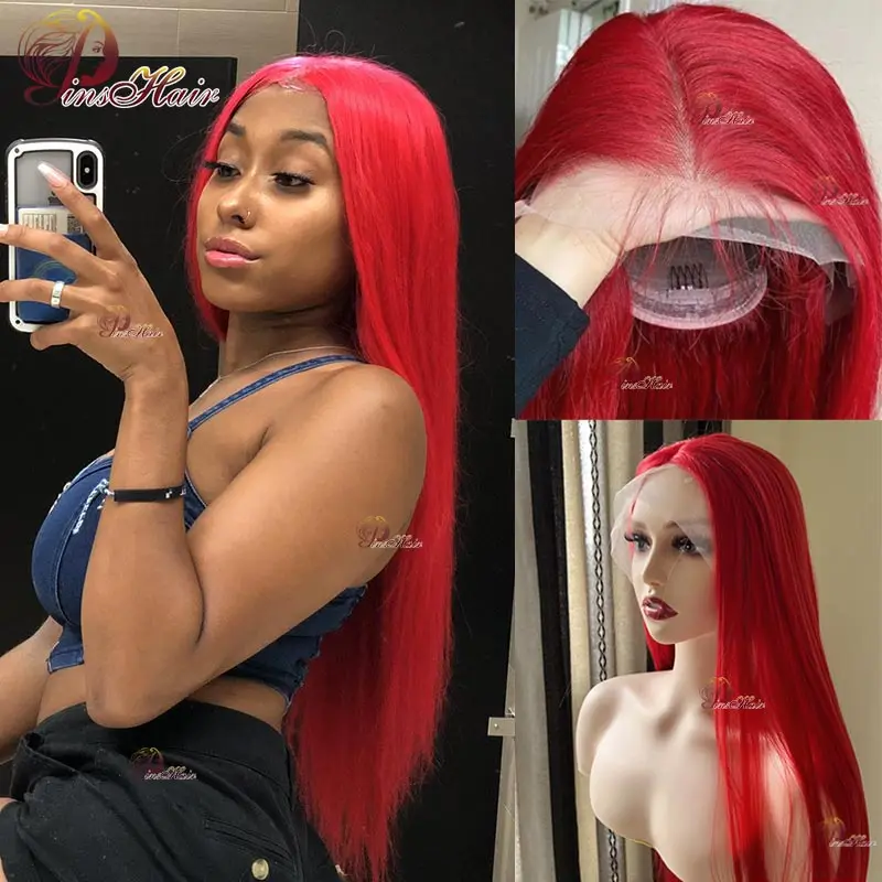 Peluca de cabello humano liso para mujer, postizo de encaje Frontal rojo 99J 13x4, pelo Remy brasileño transparente, 180%