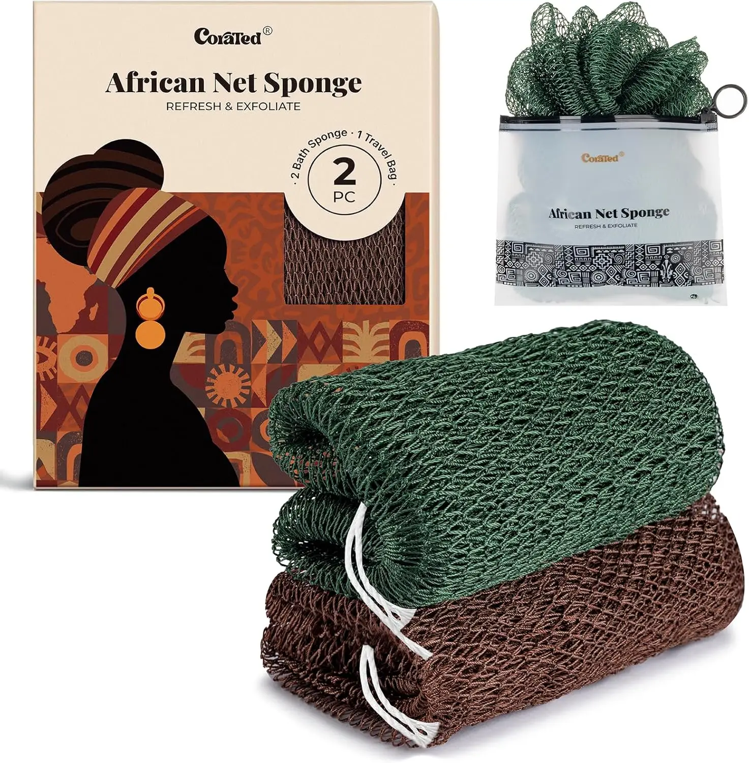 CORATED African Net Sponge, Exfoliating Bath Loofah, Body Scrubber for Men & Women, Travel Portable Spa Gift