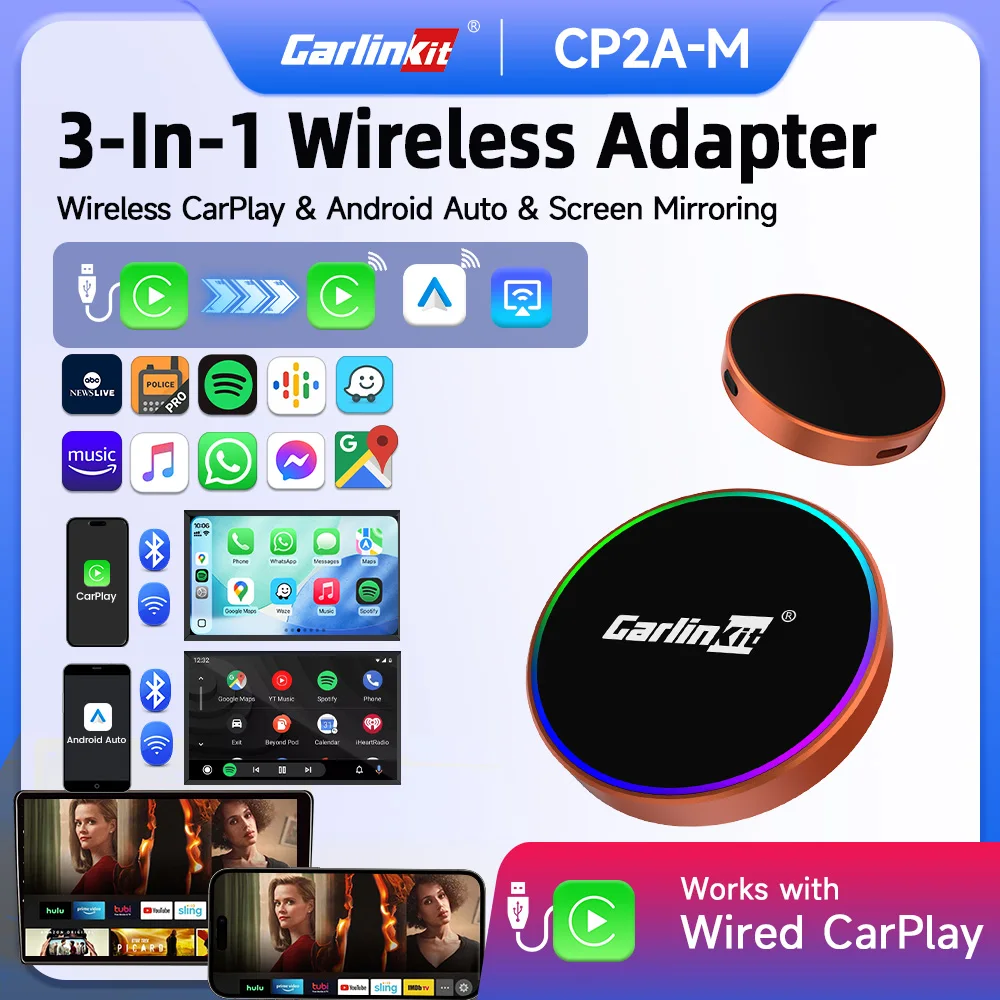 CarlinKit New Upgrade 3-in-1 Wired to Wireless CarPlay Android Auto Adapter Wireless Screen Mirroring OTA For Wired CarPlay Cars