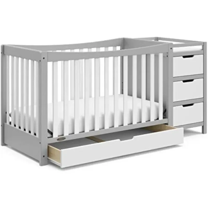 New 5-In-1 Convertible Crib & Changer with Drawer Crib and Changing-Table Combo, Includes Changing Pad, Converts To Toddler Bed