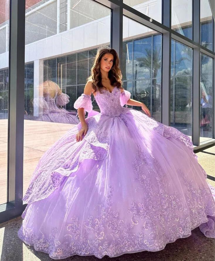 Vestidos de Quinceañera de hada púrpura lila con mangas, apliques de lujo, 15 años, quinceañeras, victorianos, 2024