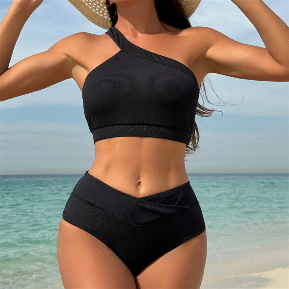 Sexy um ombro bandagem biquíni cintura alta maiô férias banho mulher coreano preto y2k biquinis conjunto beachwear maiô