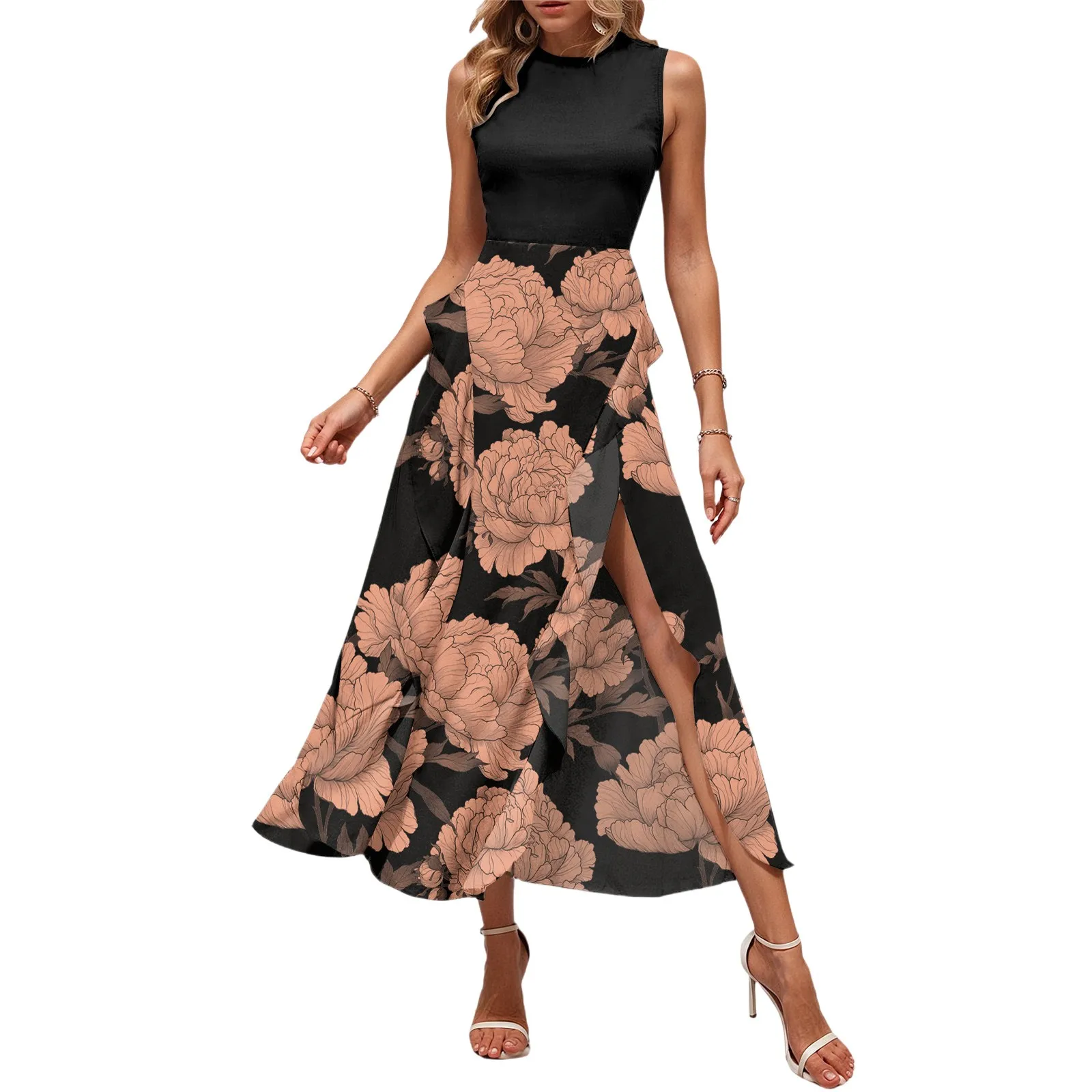 High Waist Color Blocking Elegant Sleeveless Summer Dress for Female Crewneck Boho Floral Ruffle Irregular Midi Long Dress