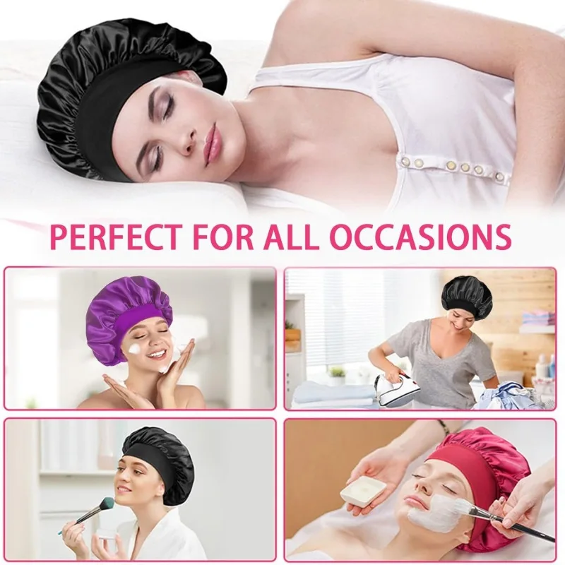 Women Night Sleep Hair Caps Silky Bonnet Satin Double Layer Adjust Head Cover Hat Shower Cap for Curly Hair Styling Accessories