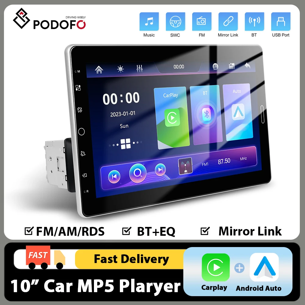 Podofo Carplay Android Auto MP5 Autoradio 10,1" HD-Touchscreen Mirror Link Universeller Multimedia-Player BT FM RDS AUX TF USB EQ