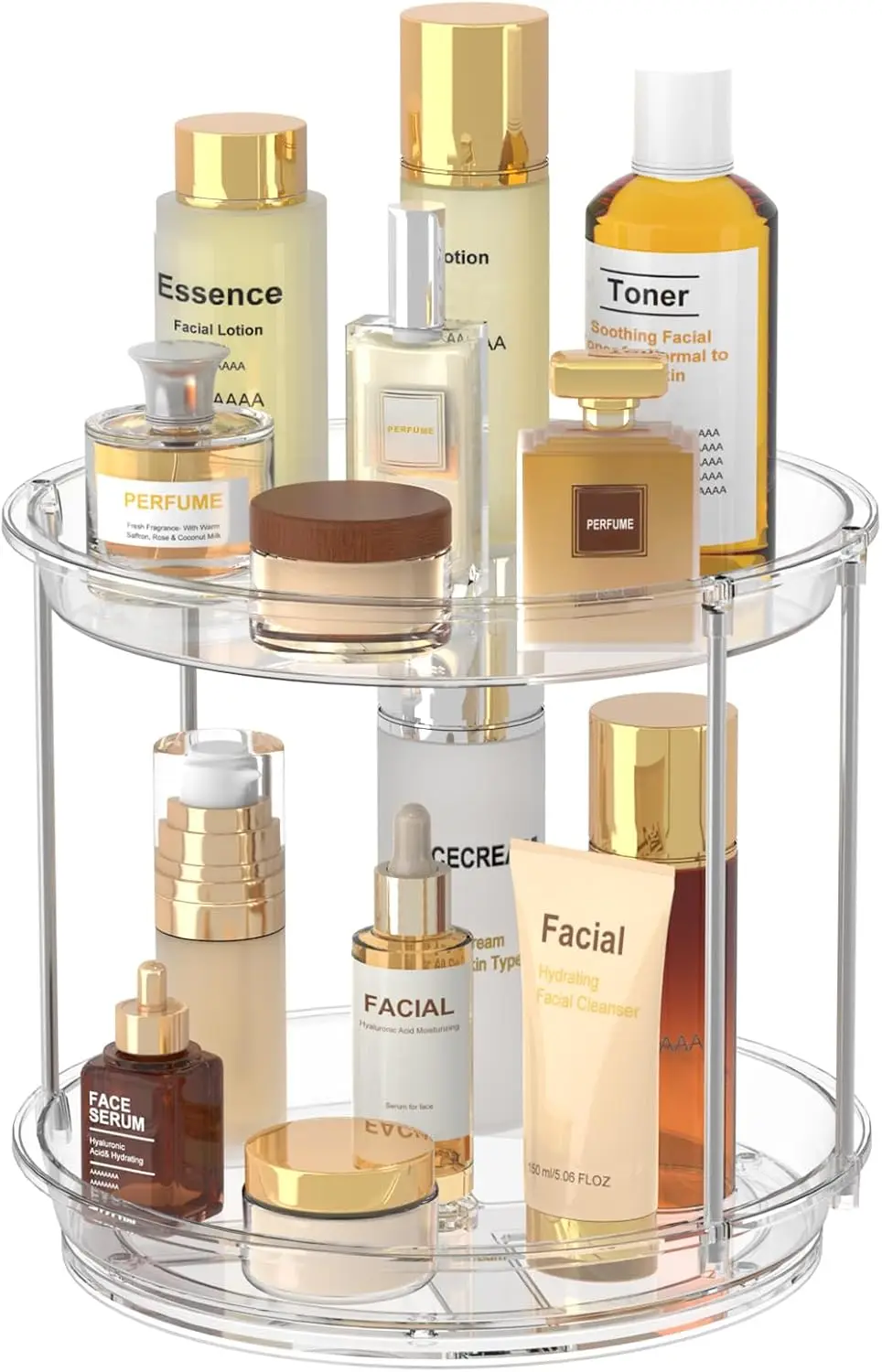360° Rotating 2-Tier Makeup & Skincare Organizer – Clear Spinning Vanity Tray, Lazy Susan for Bathroom, Dresser & Kitchen.