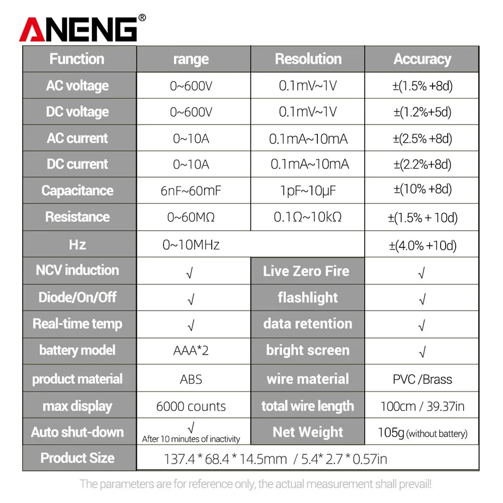 ANENG 616 Digital Multimeter AC/DC Voltage Current Tester 6000 Counts NCV Voltmeter Ohm Capacitance Large Screen Multimetro Tool