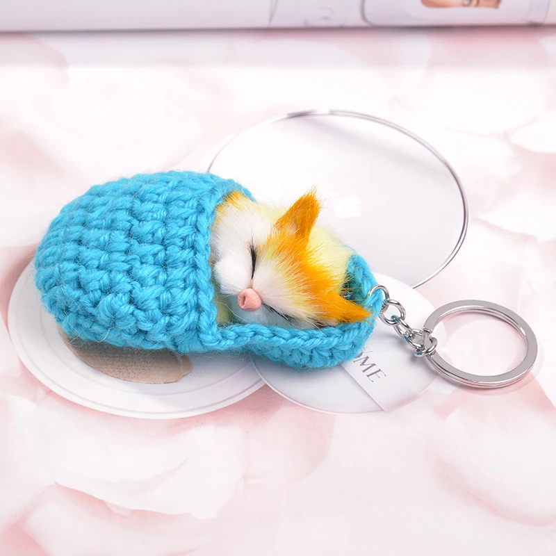 EASYA Handmade Cute Sleeping Cat Pompom Funny Bag Keychain For Women Girls 4 Colors Woven Shoes Faux Rabbit Fur Car Key Rings