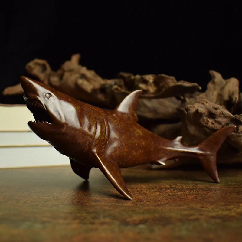 Solid Brass Heat-Colored Shark Desktop Ornament Office Decor Marine Predator Gift
