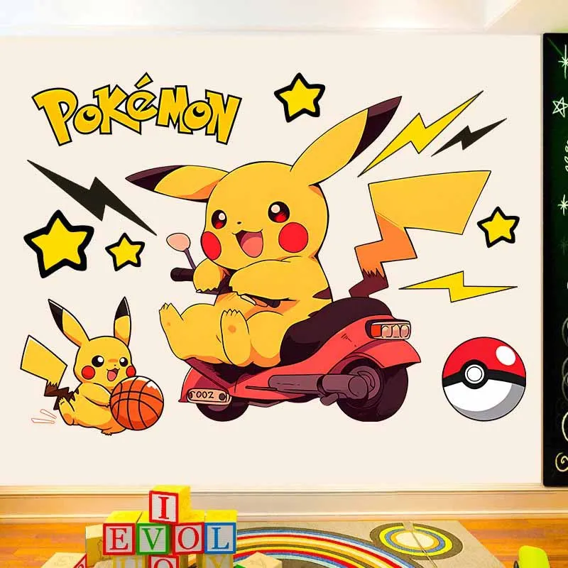 Pegatinas de pared de dibujos animados de Pokemon Pikachu Ride A Moto para habitación de niños, decoración del hogar, Mural de película, calcomanías artísticas, regalos para niños