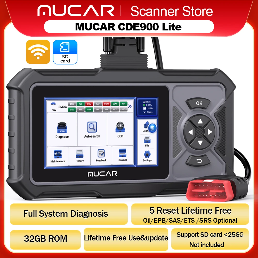 MUCAR CDE900 Lite OBD2 Diagnostic Tools Full System Diagnosis Oil/EPB/SAS/ETS 5 Optional Resets Automotive obd2 Scanner Free