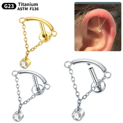 1PC ASTM F136 Implant Grade Titanium Hidden Helix Delicate Chain Drop CZ Labret Cartilage Earring Flat Back Stud Sexy Jewelry