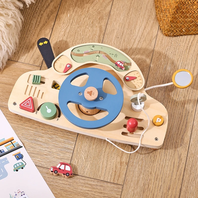 

Montessori Wooden Toys Busy Board Toys Simulate Car Steering Wheel Travel Activities Game Baby Sensory Educational Toy Kid Gift