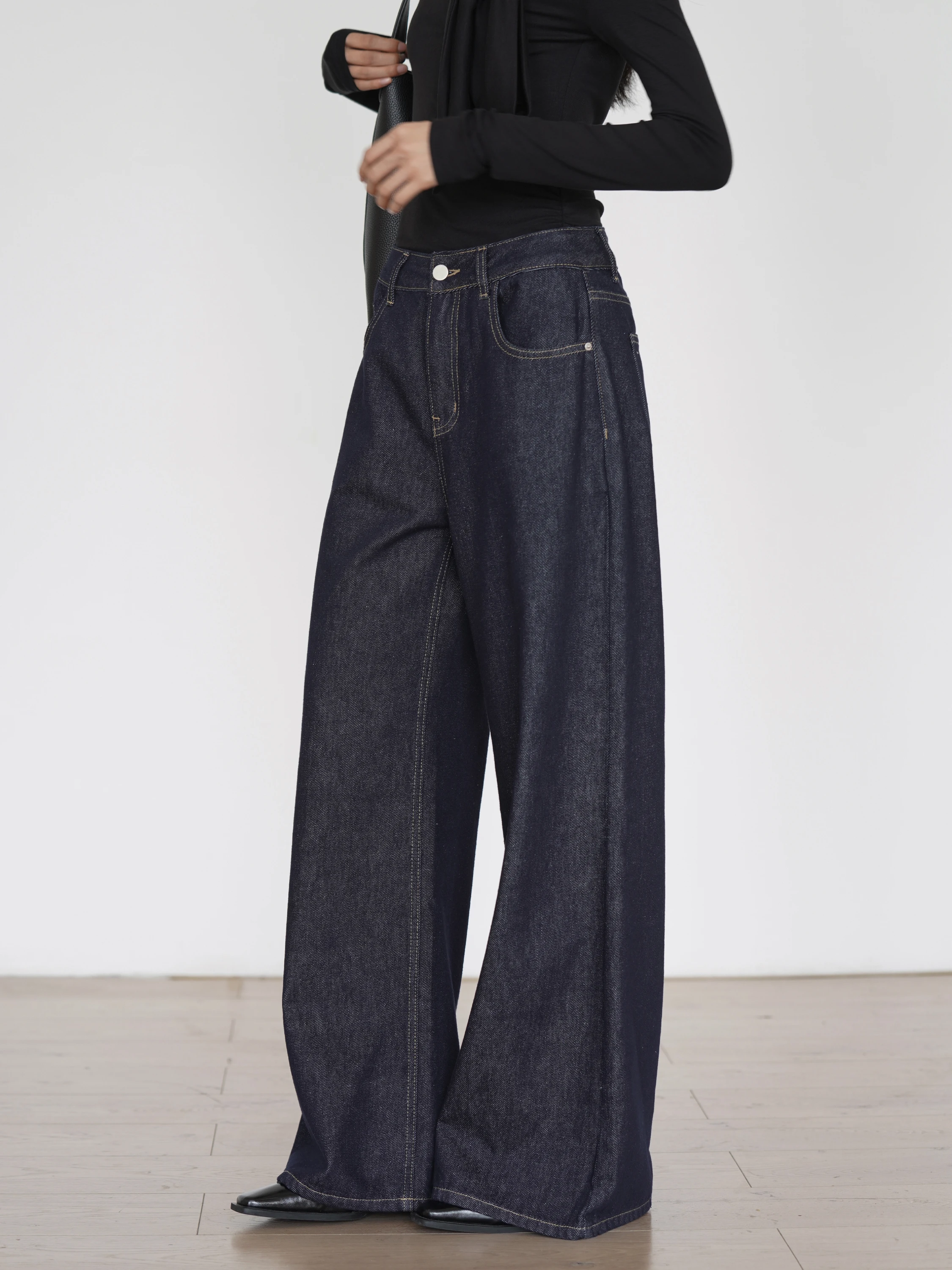 

EIGHTHMONTH Loose Long Denim Jeans Women's Autumn New Style Drape Slim Wide Leg Pants Natural Waist Zipper Micro Stretch