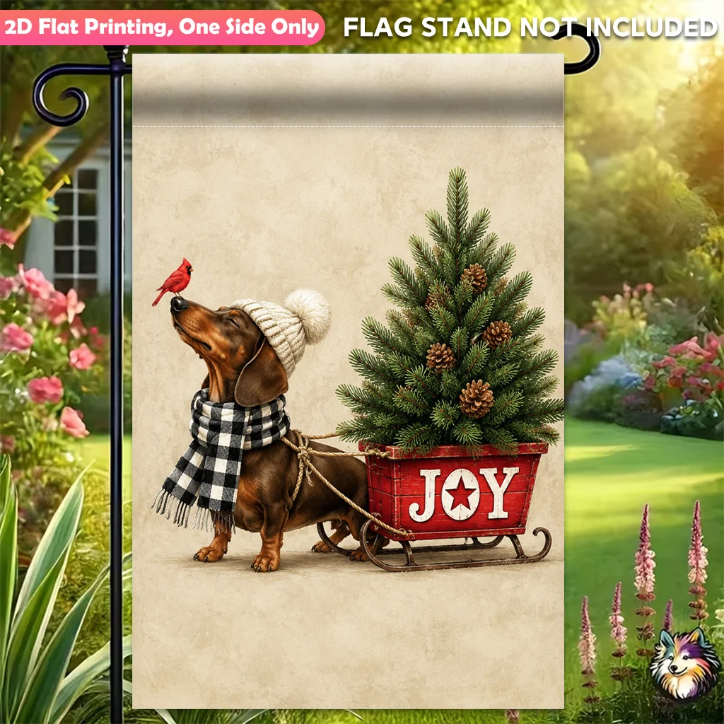 2D Flat, 2D Flat Printing Garden Flag 1pc, Joyful Dachshund Decor Single Sided Polyester Garden Flag, Yard Banner, for Outdoor Home, Seasonal Festival Yard Outside Decorative Flags for All Seasons, Flagpole Not Included(Flag Only), 2D Flat