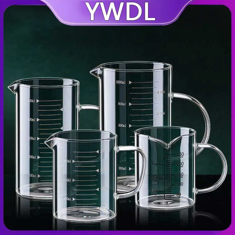 YWDL 1pcs Glass Measuring Cup With Handle Heat-resistant Laboratory Beaker Kitchen Milk Coffe Measuring Mug 250/350/500/1000ml