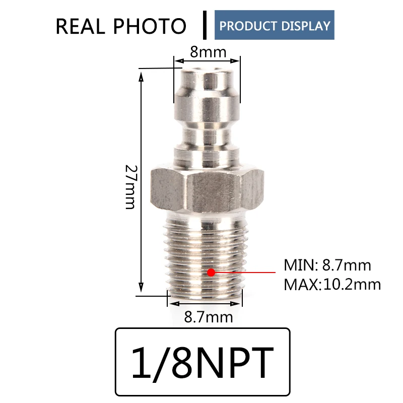 Quick Coupler 8MM Male Plug Adapter Fittings 1/8NPT 1/8BSPP M10x1 Thread Air Refilling Stainless Steel 1pc/set