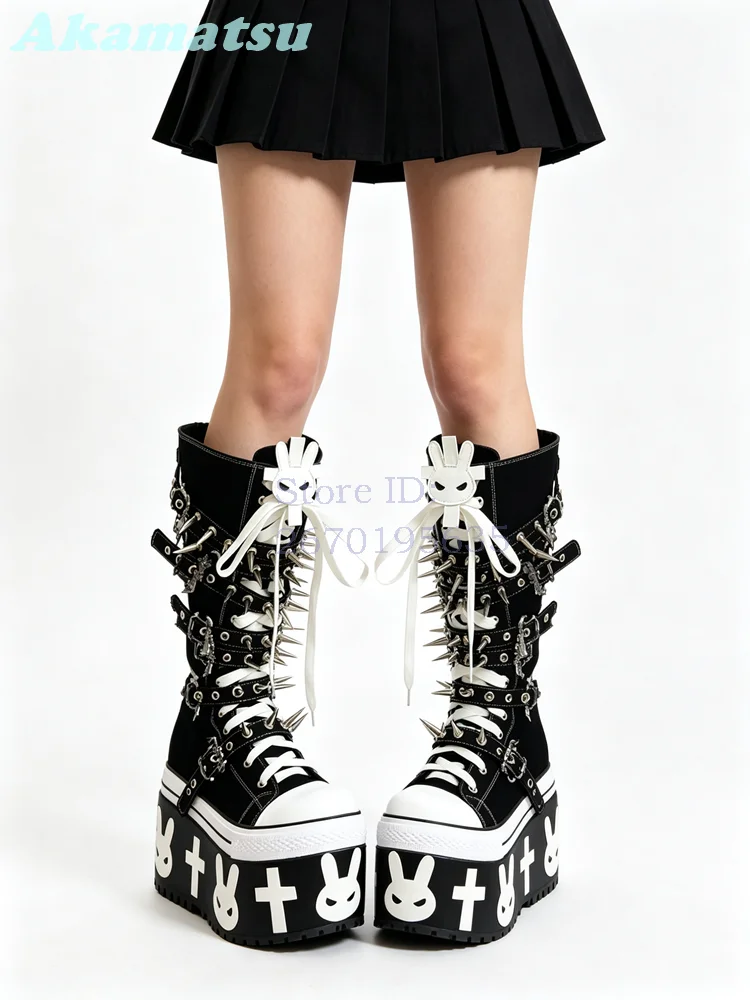 Rabbit Decor Platform Punk Boots Black Y2K Bunny Studded Knee High Boots Gothic Shoes For Women 2026 Summer Alternative Style