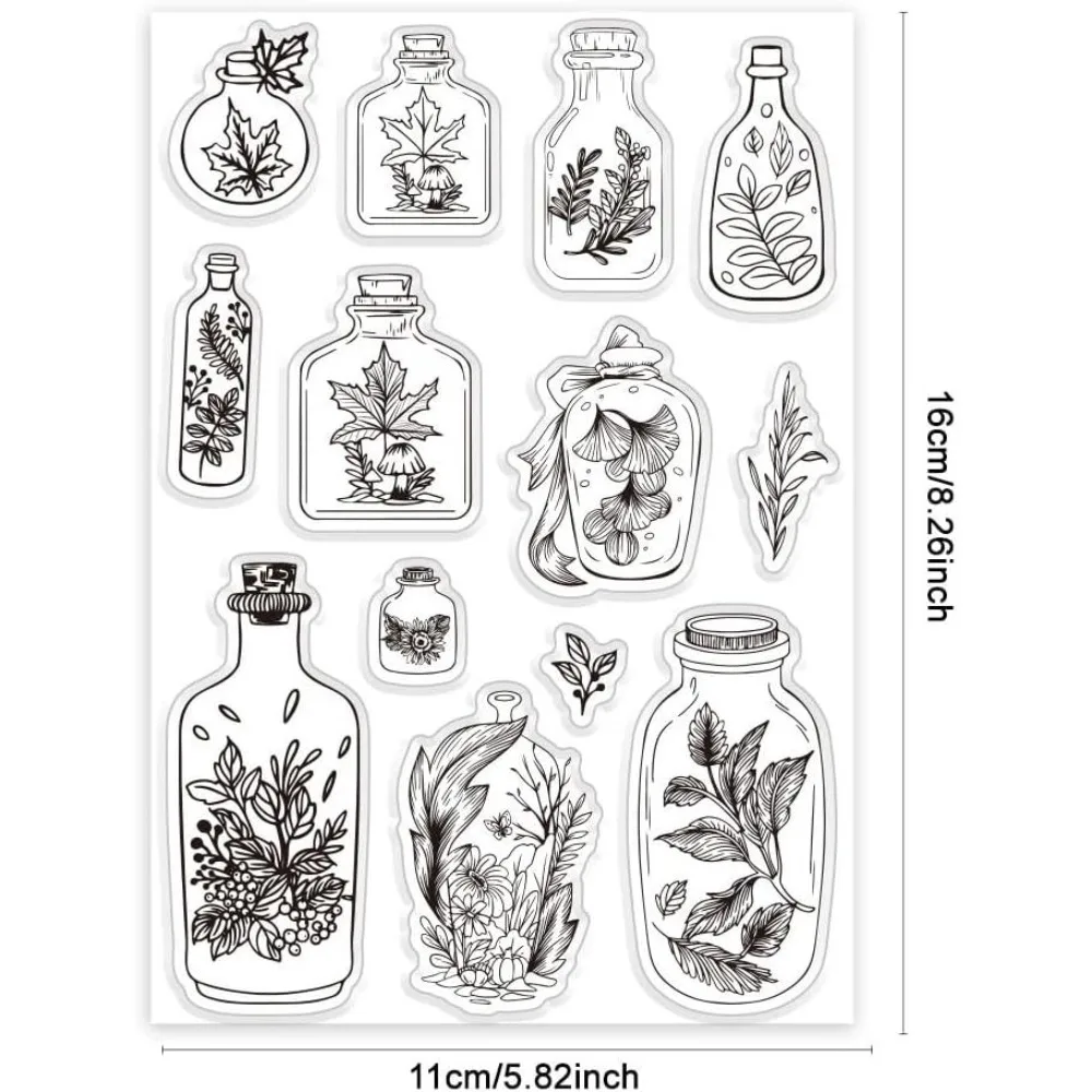 1Sheet Fall Maple Leaf Clear Stamps Autumn Bottle Rubber Stamp Leaves Jar Clear Stamp Cards 6.3x4.3 inches