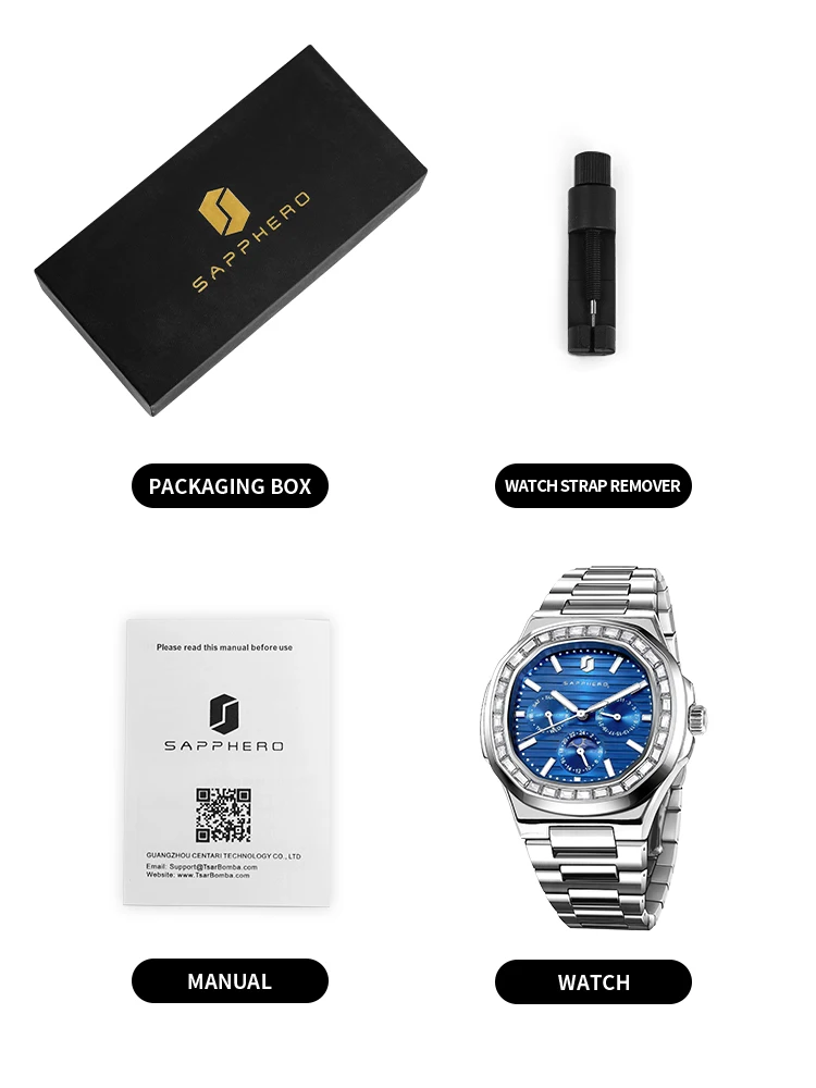 SAPPHERO Relojes de lujo para hombre, reloj con diamantes para hombre, esfera multifunción, resistente al agua, reloj de pulsera cuadrado de acero