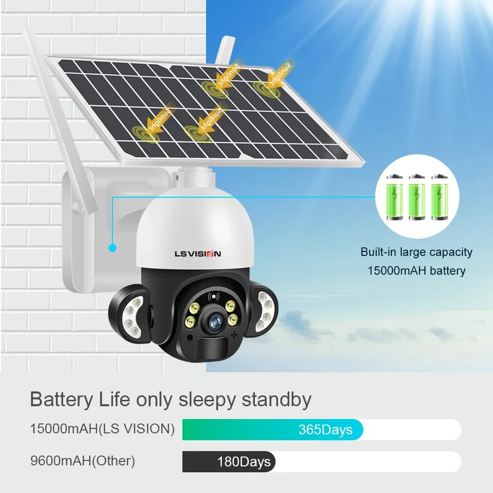 LS VISION 6W 4G Sim Card Solar Camera Outdoor Wireless Wifi 4MP 2MP PTZ Built-in Battery Motion Detection Home Security Camera