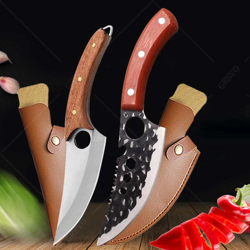 Meat Cleaver Boning Knife Wooden Handle Kitchen Knives Mongolian Meat Eating Knife Beef Lamb Knife Stainless Steel Butcher Knife