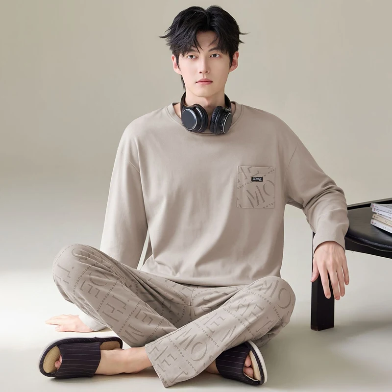 2026 New Autumn Long Sleeve 100% Cotton Print Pajama Sets for Men Korean Loose Sleepwear Suit Pyjama Male Homewear Home Clothes