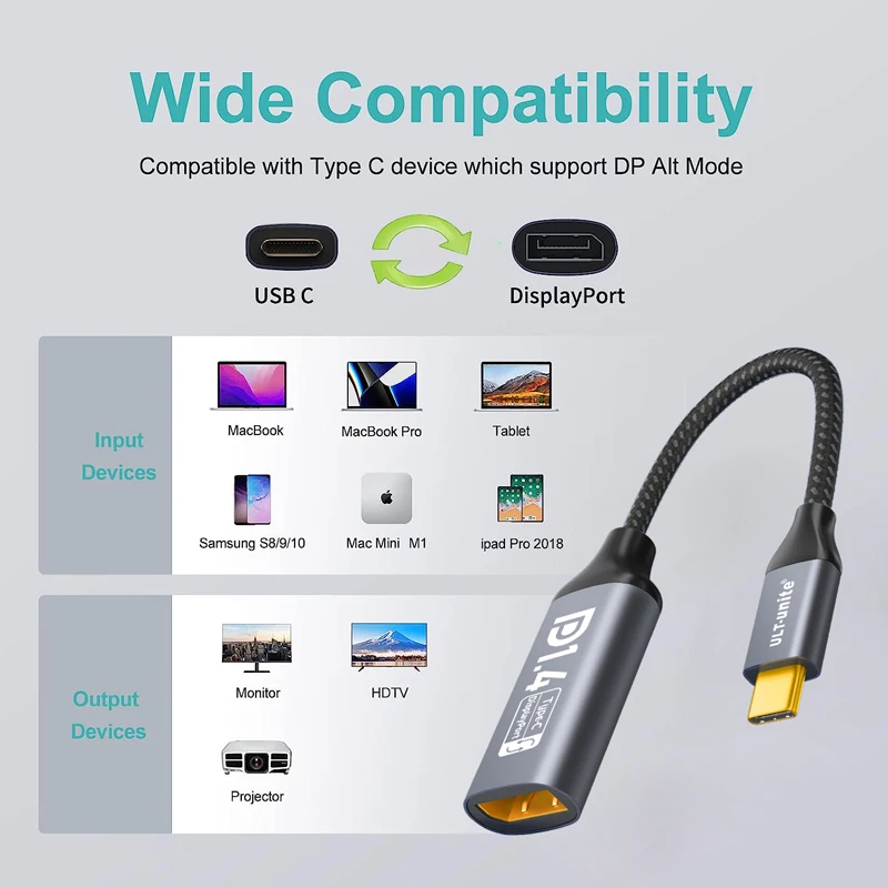 DP to Type-C Converter Bidirectional USB C to DisplayPort Adapter 8K@60Hz Display Port Adaptor for MacBook Pro Air iPad Pro Dell