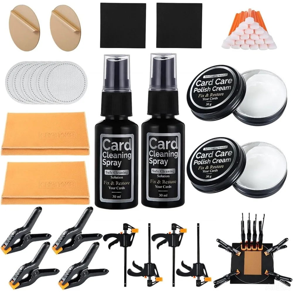 

Trading Card Cleaning and Flattening Kit with Acrylic Discs Cotton Swabs Pads Polishing Paste Cleaner Cloths Clips
