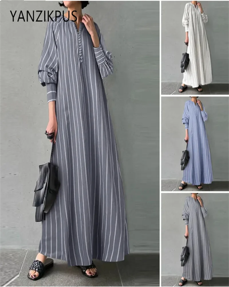 Cotton and Hemp Striped Round Neck Long Sleeve Dress, Simple and Loose Hooded Dress, Muslim Arab Fashion Art Style, New