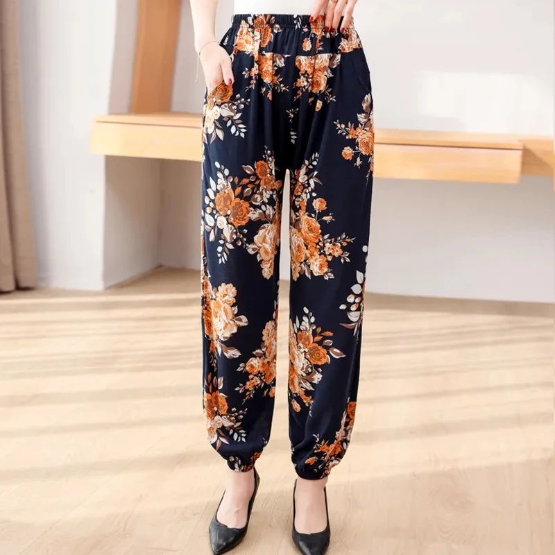 Elegant Mother Spring Summer Thin Pants Fashion Printing Cotton Silk Casual Female Harem Pants Elastic High Waist Women Pantalon