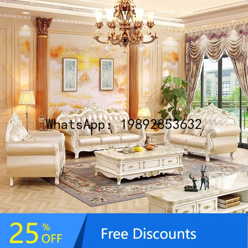 CZ Genuine Leather Combination Sofa Ivory White U-Shaped Living Room Solid Wood Carved Sofa Luxurious French Style 123 Sofa