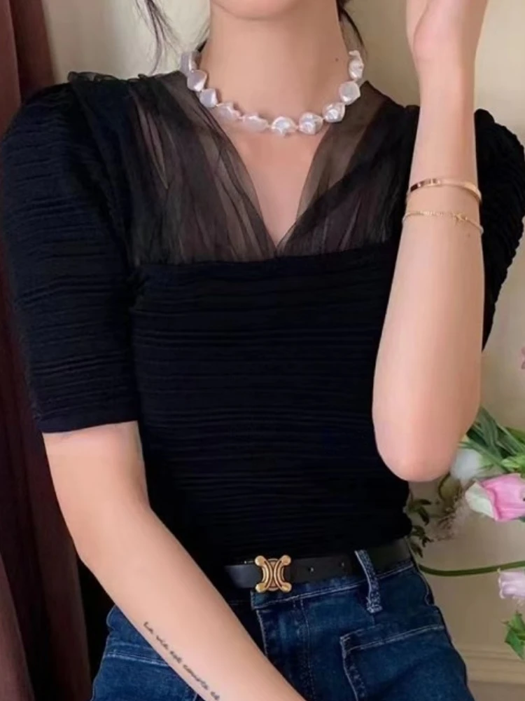 Women Blouse Slim Fashion Daily V-neck Simple All-match Puff Sleeve Elegant Creativity Sexy Korean Style Leisure Solid Lovely