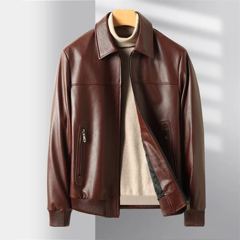 

Men's Genuine Leather Jacket, Short Desig, Cowhide, Business Casual, Lapel, Middle-aged Leather Jacket