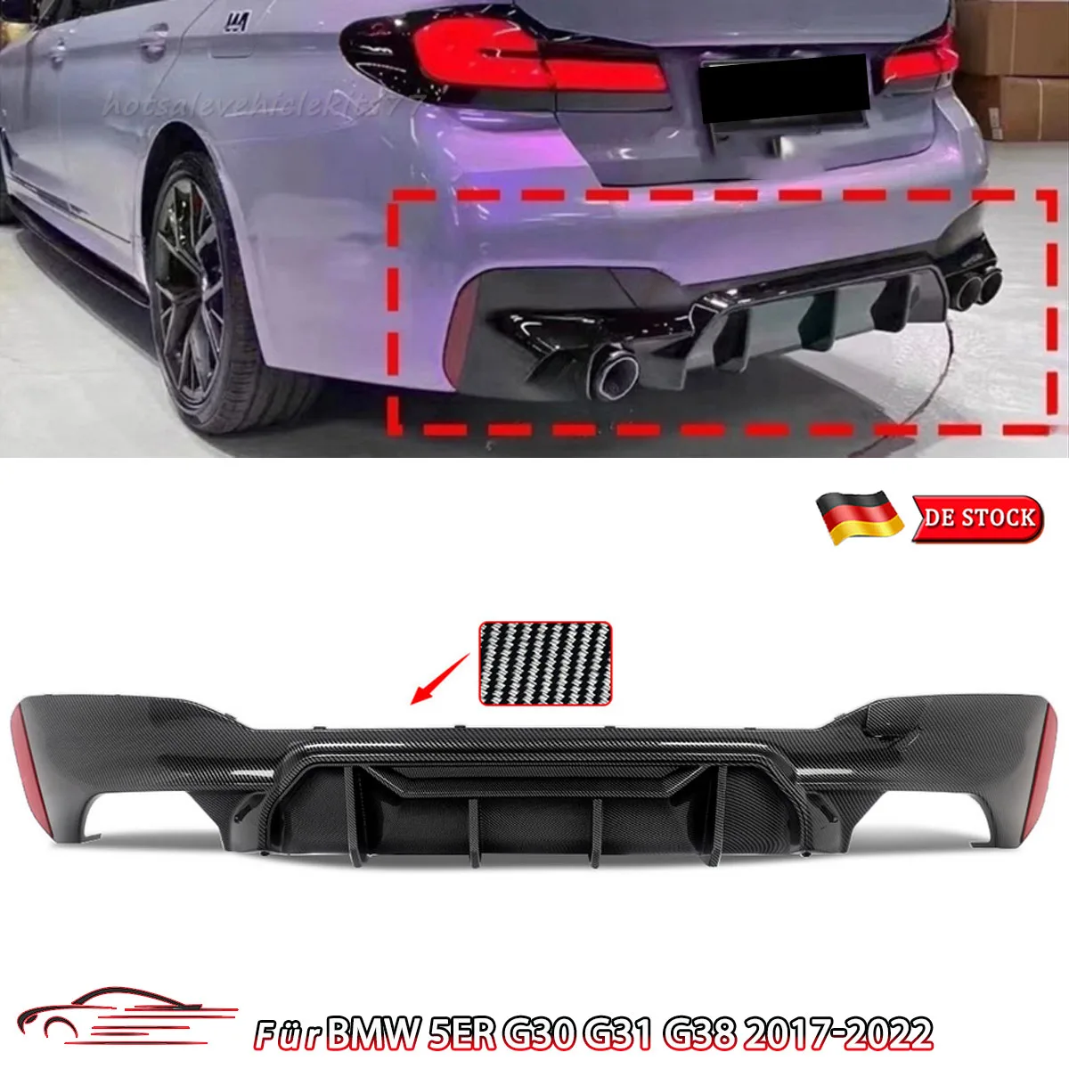 Carbon-Optik für BMW 5er Serie G30 G31 G38 520i 530i M Tech 2017-2023 Heckdiffusor Lippe Splitter Karosserie-Kit ABS